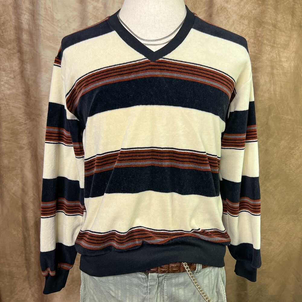 Vintage 70s Velour Sweater Striped V Neck Long Sleeve Pullover Retro Skater